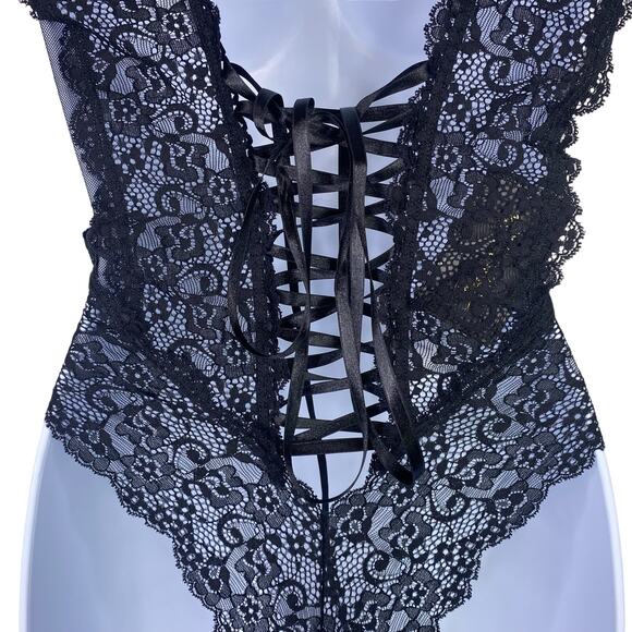 FREDERICKS OF HOLLYWOOD Chloe Black Corset Laced Teddy Sz S/M Sheer Lingerie NWT - Picture 2 of 9